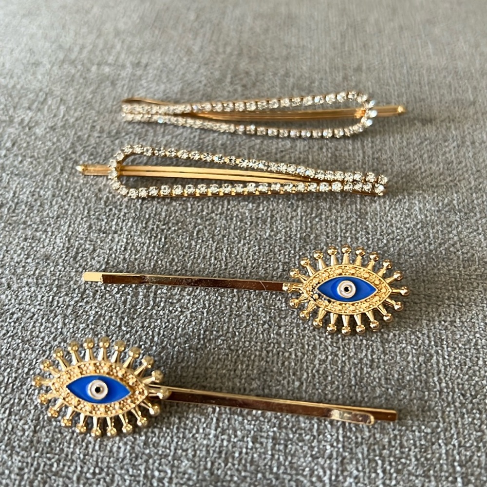 Decorative 4 piece bobby pins 2pc evil eye and 2pc crystal